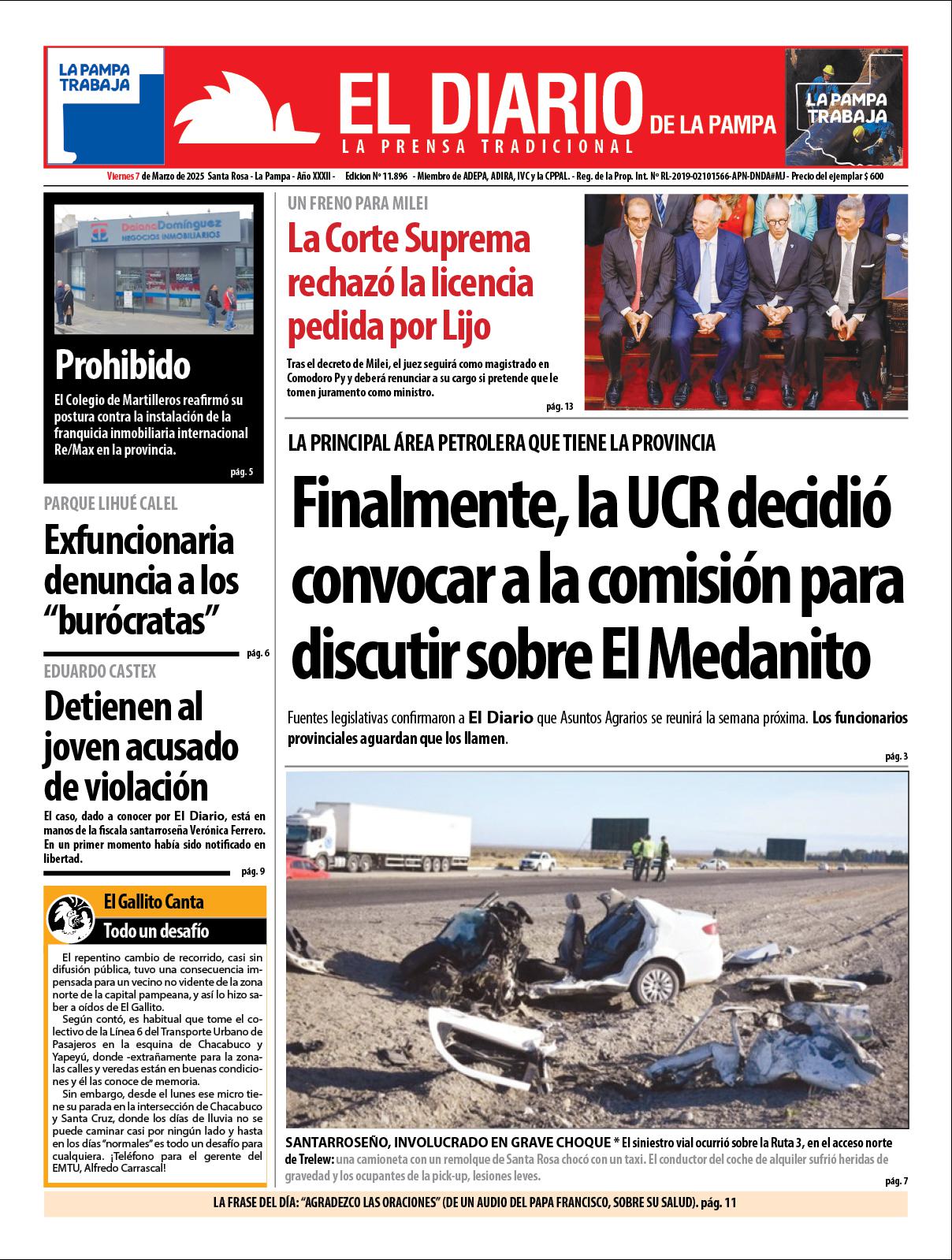 Tapa de El Diario en papel  viernes 07 de marzo de 2025